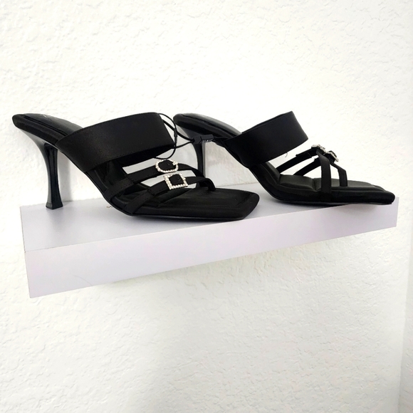 Zara Women's New, Heeled Black Mule Sandals With Rhinestone Buckles.  Size US 8 - Picture 9 of 11